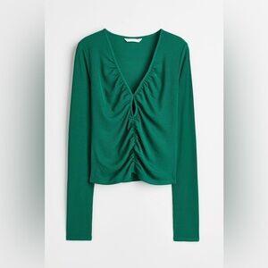 H&M Green Ruched V-Neck Long Sleeve Top